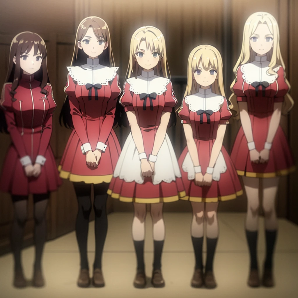 masterpiece, high quality, 4 girls, 4 sisters, blond hair, curly hair, brown haired sisters, blond sisters, different hair colors, hazel eyes, medium bust, matching clothing, uniforms, smiling, flat_color, same height, organized pose, back to back