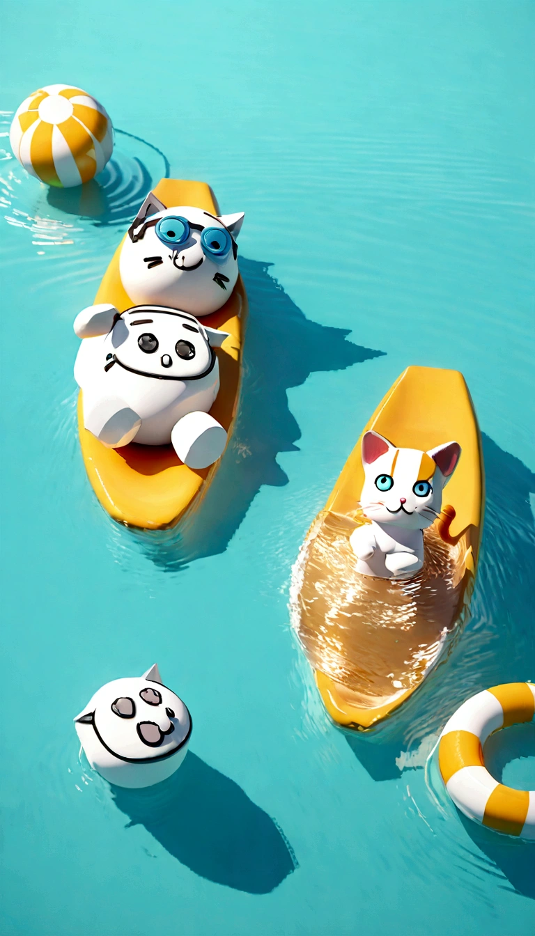 There are two cats floating on a raft in the water, Lovely 3 d render, Lovely detailed digital art, Behance 3D Art Trends, Behance 3D Art Trends, a cat swimming in water, Summer swimming , Lovely数字, 3D Epic Illustrations, Lovely! C4D, 3d illustration, 3d illustration