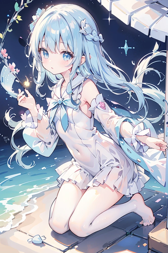 mermaidモチーフのMagical girl、Highest quality、Loriータ、Confused eyes、Primary school students、small、、Young Girl、Water Manipulation Magic、水を司るMagical girl、beautiful girl、cute、Full-body portrait、light blue、Have a koto、Playing the lyre、Clear eyes、pose、Magic Exerciseermaid、Magical girl、Facing forward、high resolution