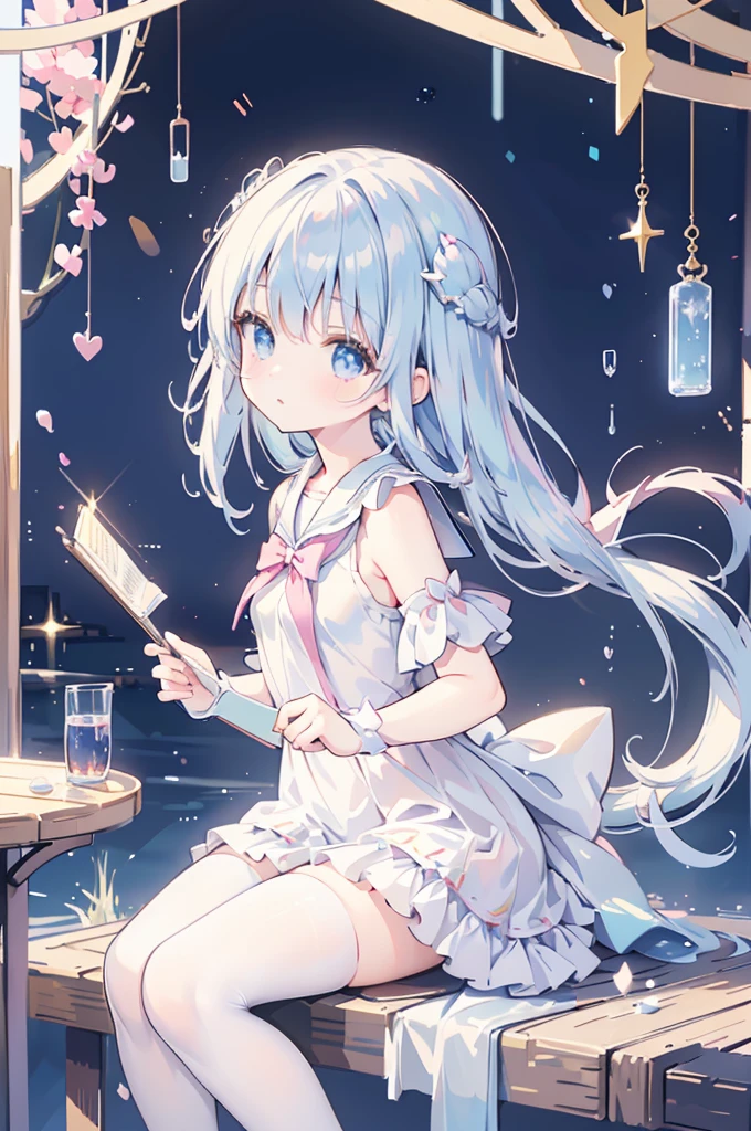 mermaidモチーフのMagical girl、Highest quality、Loriータ、Confused eyes、Primary school students、small、、Young Girl、Water Manipulation Magic、水を司るMagical girl、beautiful girl、cute、Full-body portrait、light blue、Have a koto、Playing the lyre、Clear eyes、pose、Magic Exerciseermaid、Magical girl、Facing forward、high resolution