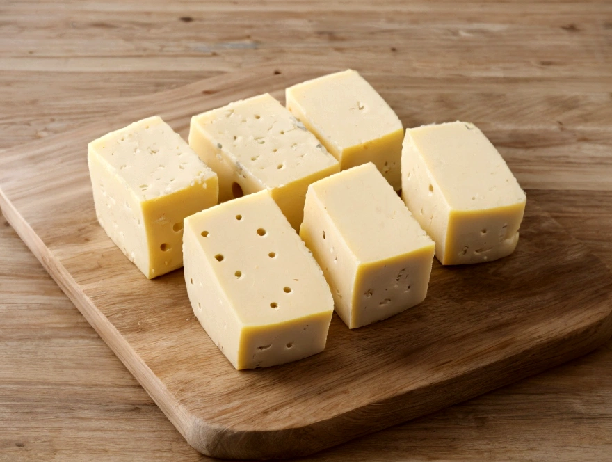 a wooden board with a few items arranged in an organized manner for a culinary presentation. Items on the board include:

A piece of salami, with some slices cut and arranged on the board.
Some green olives, arranged next to the salami.
Cheese cubes, placed in a corner of the board.
A larger piece of cheese, which appears to be Swiss cheese (possibly Emmental), with characteristic holes.
In the background, there is a crusty bread.
The arrangement of the food on the board suggests a presentation of appetizers or a cold cuts board, ideal for serving as a starter or snack.