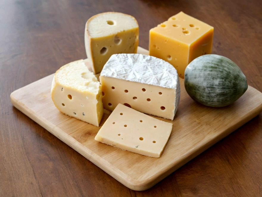 a wooden board with a few items arranged in an organized manner for a culinary presentation. Items on the board include:
A piece of salami, with some slices cut and arranged on the board.
Some green olives, arranged next to the salami.
Cheese cubes, placed in a corner of the board.
A larger piece of cheese, which appears to be Swiss cheese (possibly Emmental), with characteristic holes.
In the background, there is a crusty bread.
The arrangement of the food on the board suggests a presentation of appetizers or a cold cuts board, ideal for serving as a starter or snack.