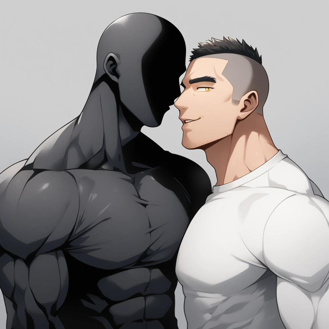 anime characters:Two superheroes in tights, skinhead Muscle Sports Student and Muscle No Face No Eyes skinhead superhero, No Face,negro black skin, They hugged and kissed each other, Bite your neck, Caress, Manliness, male focus, Yellow and black high collar long sleeve tight T-shirt, Slightly transparent material, Very tight, Round, full and perky chest muscles, Muscle waist, Slightly transparent, muscular male, muscular, only, Upper body, alone, Black short hair, Thick eyebrows, stubble, Yellow eyes, Grey background, simple background, amazing quality, best aesthetics, Ridiculous, bright pupils, crew cut, parted lips, seductive smile, torogao, naughty face, drop shadow, best quality