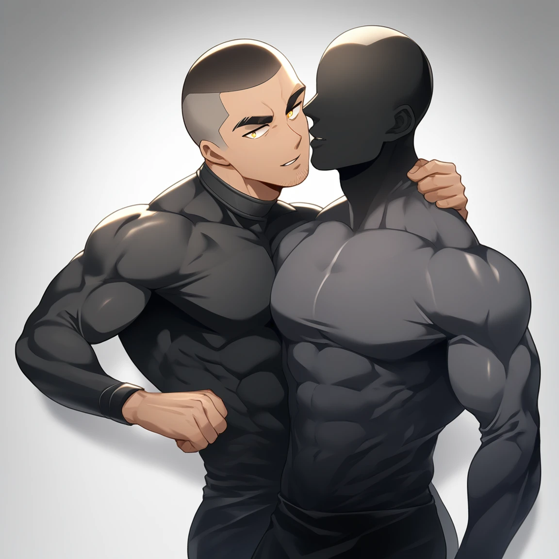 anime characters：Two superheroes in tights, skinhead Muscle Sports Student and Muscle No Face No Eyes skinhead superhero, No Face，negro black skin, They hugged and kissed each other, Bite your neck, Caress, Manliness, male focus, Yellow and black high collar long sleeve tight T-shirt, Slightly transparent material, Very tight, Round, full and perky chest muscles, Muscle waist, Slightly transparent, muscular male, muscular, only, Upper body, alone, Black short hair, Thick eyebrows, stubble, Yellow eyes, Grey background, simple background, amazing quality, best aesthetics, Ridiculous, bright pupils, crew cut, parted lips, seductive smile, torogao, naughty face, drop shadow, best quality