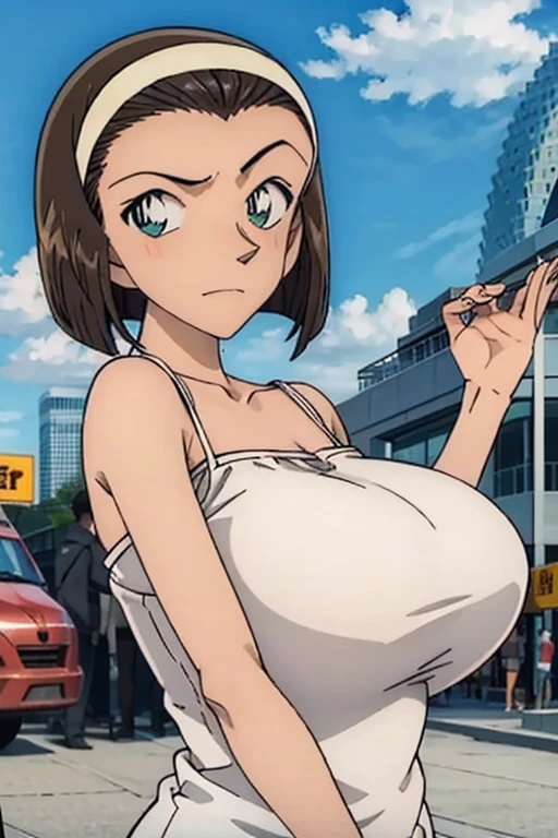 looking at the camera、When I Look at You、lookatviewer、Anime Style、Eroge、1 Girl,  (Huge breasts), (Tight white camisole dress)、Low Angle、Brown haired, hair band、Bob Hair、The forehead is visible、blush,The whole body is visible:1.5、Long skirt、stand、From the side:1.5