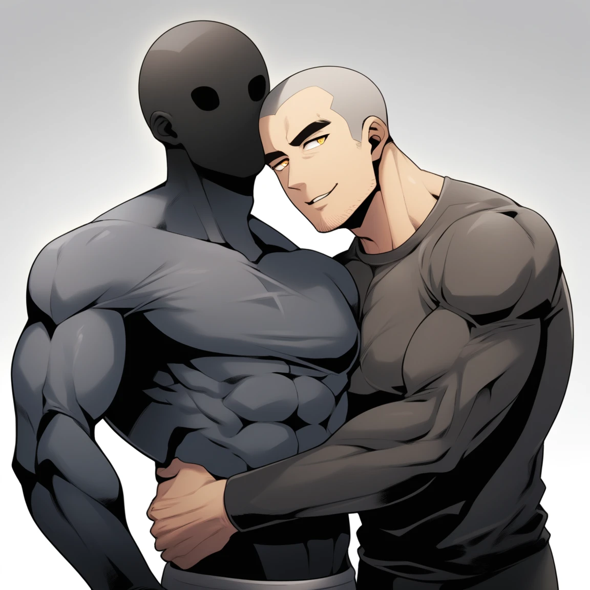 anime characters:Two superheroes in tights, skinhead Muscle Sports Student and Muscle No Face No Eyes skinhead superhero, No Face,negro black skin, They hugged and kissed each other, Bite your neck, Caress, Manliness, male focus, Yellow and black high collar long sleeve tight T-shirt, Slightly transparent material, Very tight, Round, full and perky chest muscles, Muscle waist, Slightly transparent, muscular male, muscular, only, Upper body, alone, Black short hair, Thick eyebrows, stubble, Yellow eyes, Grey background, simple background, amazing quality, best aesthetics, Ridiculous, bright pupils, crew cut, parted lips, seductive smile, torogao, naughty face, drop shadow, best quality