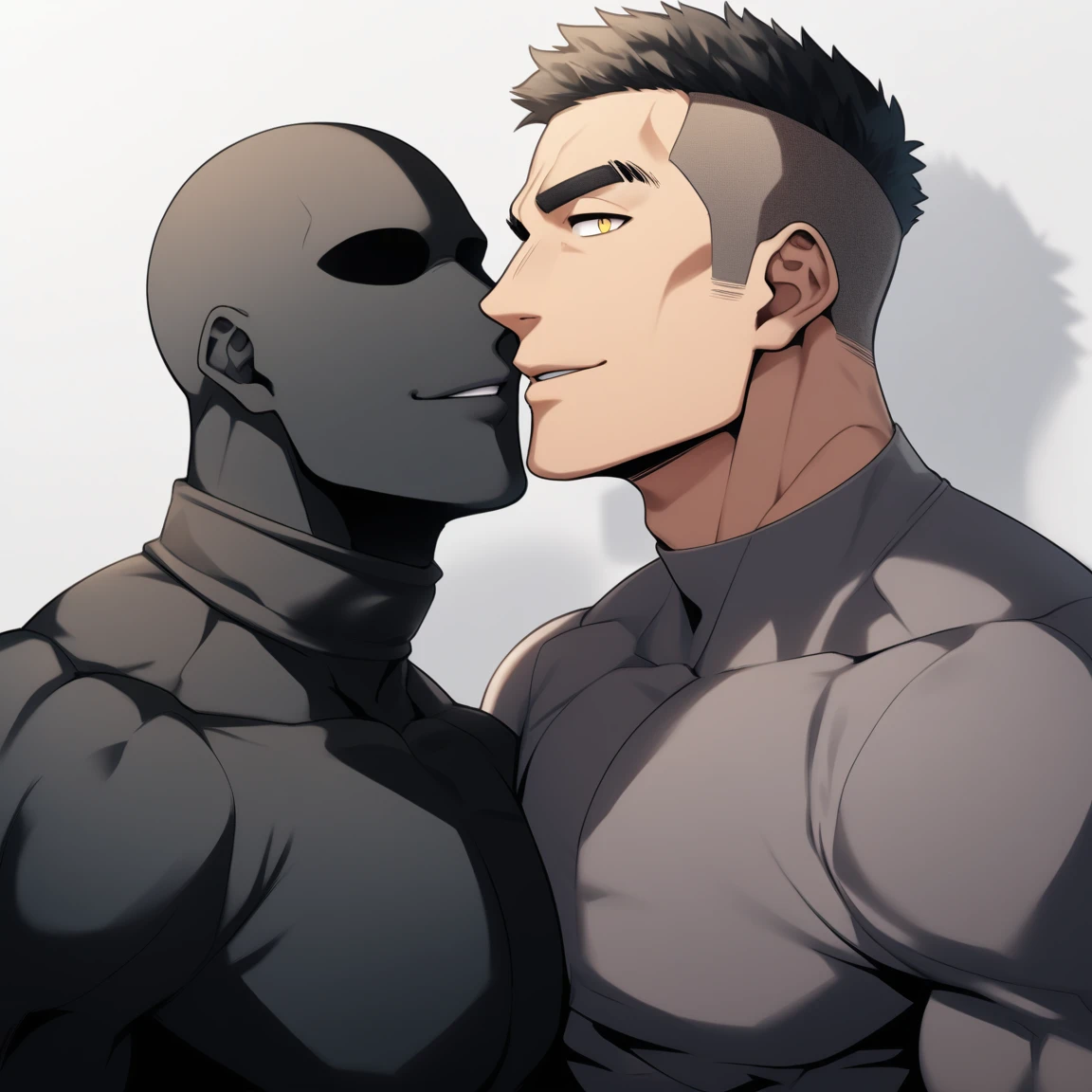 anime characters:Two superheroes in tights, skinhead Muscle Sports Student and Muscle No Face No Eyes skinhead superhero, No Face,negro black skin, They hugged and kissed each other, Bite your neck, Caress, Manliness, male focus, Yellow and black high collar long sleeve tight T-shirt, Slightly transparent material, Very tight, Round, full and perky chest muscles, Muscle waist, Slightly transparent, muscular male, muscular, only, Upper body, alone, Black short hair, Thick eyebrows, stubble, Yellow eyes, Grey background, simple background, amazing quality, best aesthetics, Ridiculous, bright pupils, crew cut, parted lips, seductive smile, torogao, naughty face, drop shadow, best quality