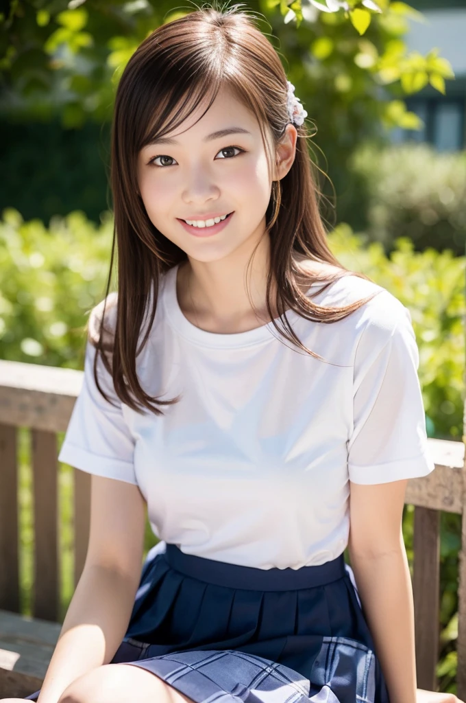 Pure Japanese school girl, wearing loose casual uniforms, natural hair styles, sweet smile, sitting relaxed mood, sweet temptation, loose chest, sexual attractive, refreshing in early summer morning, professional portrait photography,