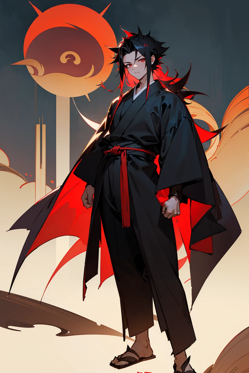 Masterpiece Quality, Perfect Generation, Sclera, Detailed Eyes, , Red And Black Long Spiky Hair, Muscular, Black And Red Haori, Bored Expression, , Full Body, , , Standing, Facing Viewer, Male, Standing Outside Temple In Forest, Clothed, Kimono, Standing Outside, Night,