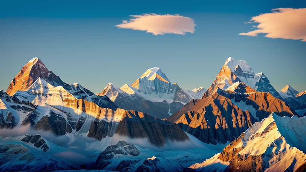 ((high resolution: 1.1))Himalayas，Snowy，The sky is magnificent。Wide panorama，high resolution、High Definition，Cool colors，Flat Wind，Minimalist illustration，Vector。((high resolution: 1.1))Illustration of a snow mountain range in the vector, using simple shapes and a 2D flat, vector artwork features beautiful colors with a blue sky and orange sunset, peaks, capped, covered, resembling a view, Mount Everest，Flat Wind，Minimalist illustration，Vector。