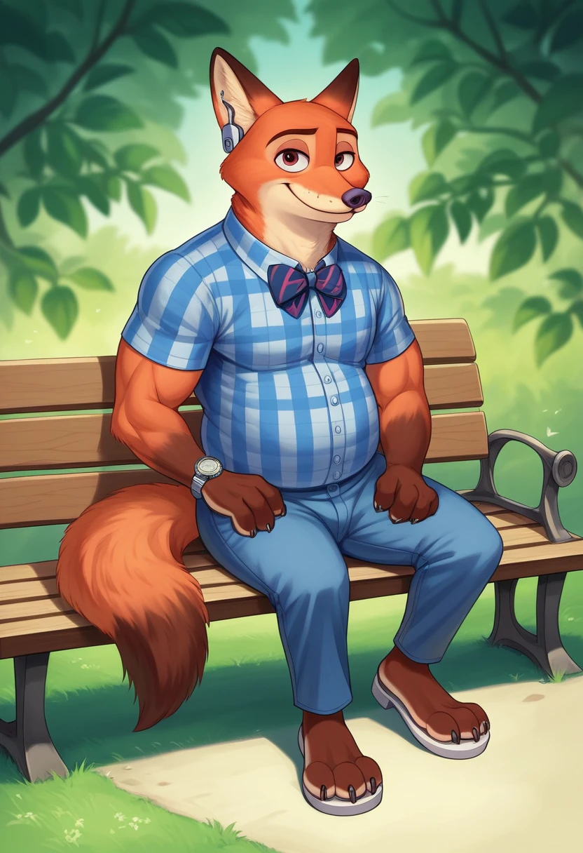 hyperrealistic art, furry portrait, bright colors, full body photography, full figure picture, masterpiece, Best quality, A high resolution, muscular босой Гидеон Грей (Zootopia, Cute, muscular, chubby, male fox, reddish fur, longer fur on the cheeks, side part hairstyle, shorter muzzle) in casual adult clothing, a blue checkered shirt, bow tie, long pants,wear sandals with heels, sitting on a park bench, detailed beautiful paws with short claws, I watch videos on my smartphone, red light in his eyes, smiling, Earplugs. detailed background, anatomically correct, 8 k, (wide dynamic range, dynamic angles and pose:1.2), spicy, Concentrated, (prayer):1.23, (particle),（author：by Jackaloo）
