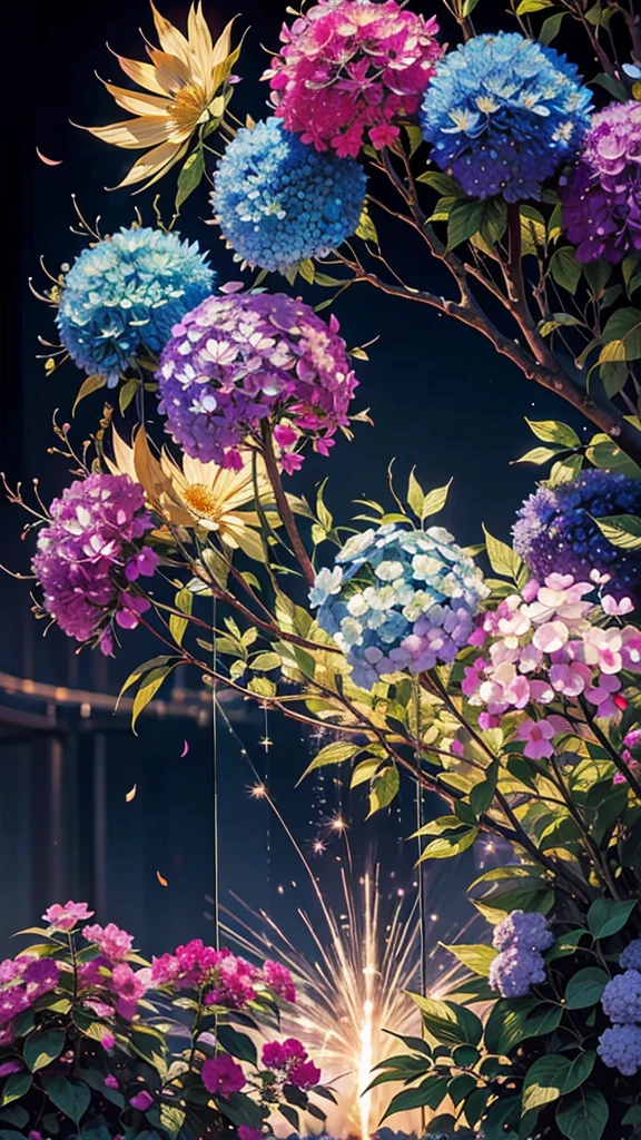 firework、Hydrangea background、Colorful hydrangeas、Hydrangea scenery、firework、firework大会、Rainbow colorsのfireworkが打ちあがっている瞬間、夜nullとともに、、紫陽花景色で壮大なfirework、future都市、Highest quality、masterpiece, (Diffuse reflection of light:1.2), When the fantastic rainbow turns into shadow, bathed in a mystical atmosphere, Cast magic spells. evoke a sense of wonder and awe. A fusion of natural grandeur and magic, Weaving dreams into reality. Behold, null, And the unknown, Fleeting、And an eternal moment, 16K, Ultra-high resolution.Realistic, Ultra-high resolution, to be born,future、Rainbow colorsに光り輝く、Rainbow colors、The world 30 years from now。