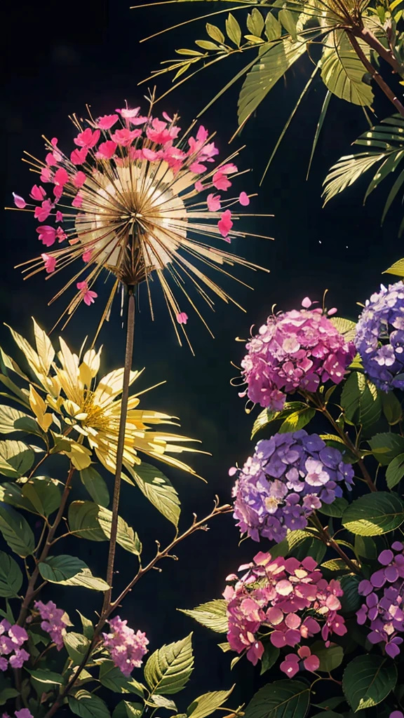 fireworkと紫陽花の背景、Colorful hydrangeas、Hydrangea scenery、firework、firework大会、Rainbow colorsのfireworkが打ちあがっている瞬間、夜nullとともに、、紫陽花景色で壮大なfirework、future都市、Highest quality、masterpiece, (Diffuse reflection of light:1.2), When the fantastic rainbow turns into shadow, bathed in a mystical atmosphere, Cast magic spells. evoke a sense of wonder and awe. A fusion of natural grandeur and magic, Weaving dreams into reality. Behold, null, And the unknown, Fleeting、And an eternal moment, 16K, Ultra-high resolution.Realistic, Ultra-high resolution, to be born,future、Rainbow colorsに光り輝く、Rainbow colors、The world 30 years from now。