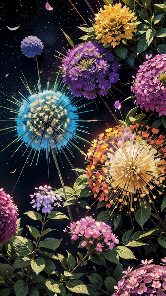 fireworkと紫陽花の背景、Colorful hydrangeas、Hydrangea scenery、firework、firework大会、Rainbow colorsのfireworkが打ちあがっている瞬間、夜nullとともに、、紫陽花景色で壮大なfirework、future都市、Highest quality、masterpiece, (Diffuse reflection of light:1.2), When the fantastic rainbow turns into shadow, bathed in a mystical atmosphere, Cast magic spells. evoke a sense of wonder and awe. A fusion of natural grandeur and magic, Weaving dreams into reality. Behold, null, And the unknown, Fleeting、And an eternal moment, 16K, Ultra-high resolution.Realistic, Ultra-high resolution, to be born,future、Rainbow colorsに光り輝く、Rainbow colors、The world 30 years from now。