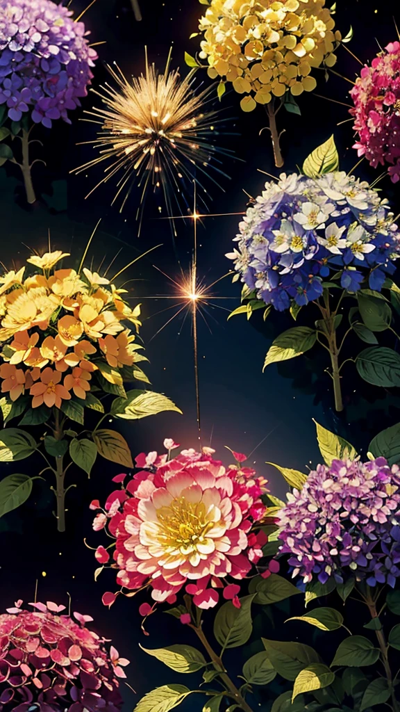 fireworkと紫陽花の背景、Colorful hydrangeas、Hydrangea scenery、firework、firework大会、Rainbow colorsのfireworkが打ちあがっている瞬間、夜nullとともに、、紫陽花景色で壮大なfirework、future都市、Highest quality、masterpiece, (Diffuse reflection of light:1.2), When the fantastic rainbow turns into shadow, bathed in a mystical atmosphere, Cast magic spells. evoke a sense of wonder and awe. A fusion of natural grandeur and magic, Weaving dreams into reality. Behold, null, And the unknown, Fleeting、And an eternal moment, 16K, Ultra-high resolution.Realistic, Ultra-high resolution, to be born,future、Rainbow colorsに光り輝く、Rainbow colors、The world 30 years from now。