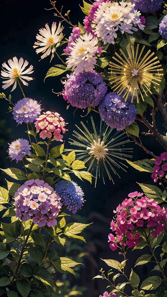 fireworkと紫陽花の背景、Colorful hydrangeas、Hydrangea scenery、firework、firework大会、Rainbow colorsのfireworkが打ちあがっている瞬間、夜nullとともに、、紫陽花景色で壮大なfirework、future都市、Highest quality、masterpiece, (Diffuse reflection of light:1.2), When the fantastic rainbow turns into shadow, bathed in a mystical atmosphere, Cast magic spells. evoke a sense of wonder and awe. A fusion of natural grandeur and magic, Weaving dreams into reality. Behold, null, And the unknown, Fleeting、And an eternal moment, 16K, Ultra-high resolution.Realistic, Ultra-high resolution, to be born,future、Rainbow colorsに光り輝く、Rainbow colors、The world 30 years from now。