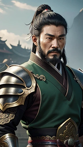 Oriental、Ancient Chinese man in iron armor、ancient chinese hairstyle male、Three Kingdomultiple warlords、Highest quality、masterpiece、Ultra-high resolution、(Realistic:1.4)、Game Poster、Crisp and beautiful image quality、alone、Green costume