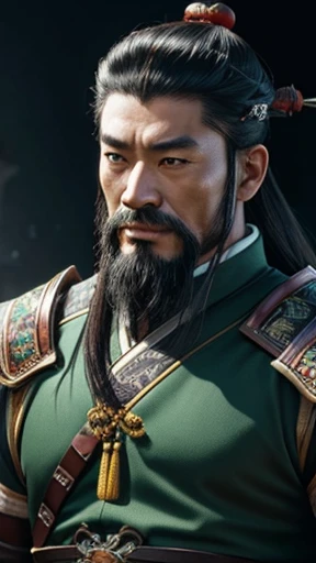Oriental、Ancient Chinese man in iron armor、ancient chinese hairstyle male、Three Kingdomultiple warlords、Highest quality、masterpiece、Ultra-high resolution、(Realistic:1.4)、Game Poster、Crisp and beautiful image quality、alone、Green costume