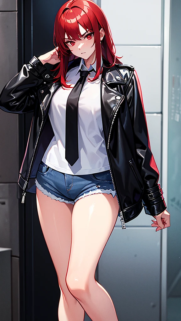 18 year old young girl, red hair combined with gray color, blue eyes with gray, black leather jacket, short white shirt, hot blue short jean shorts, aura around the body dark red, serious look, sexy, with fringe, disheveled, torn clothes, wound