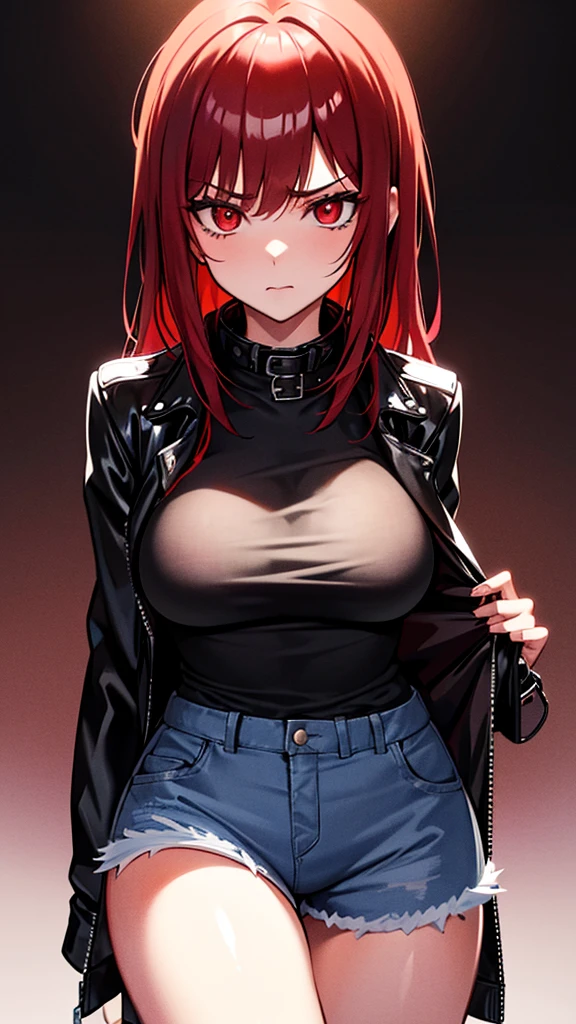 18 year old young girl, redhead with red eyes, black leather jacket, short white shirt, hot blue short jean shorts, with dark red power aura, serious look, sexy