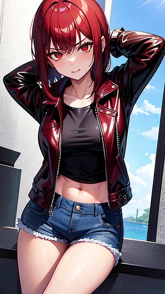 18 year old young girl, redhead with red eyes, black leather jacket, short white shirt, hot blue short jean shorts, with dark red power aura, serious look, sexy