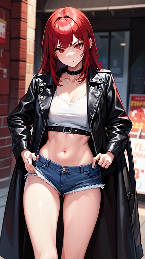 18 year old young girl, redhead with red eyes, black leather jacket, short white shirt, hot blue short jean shorts, with dark red power aura, serious look, sexy