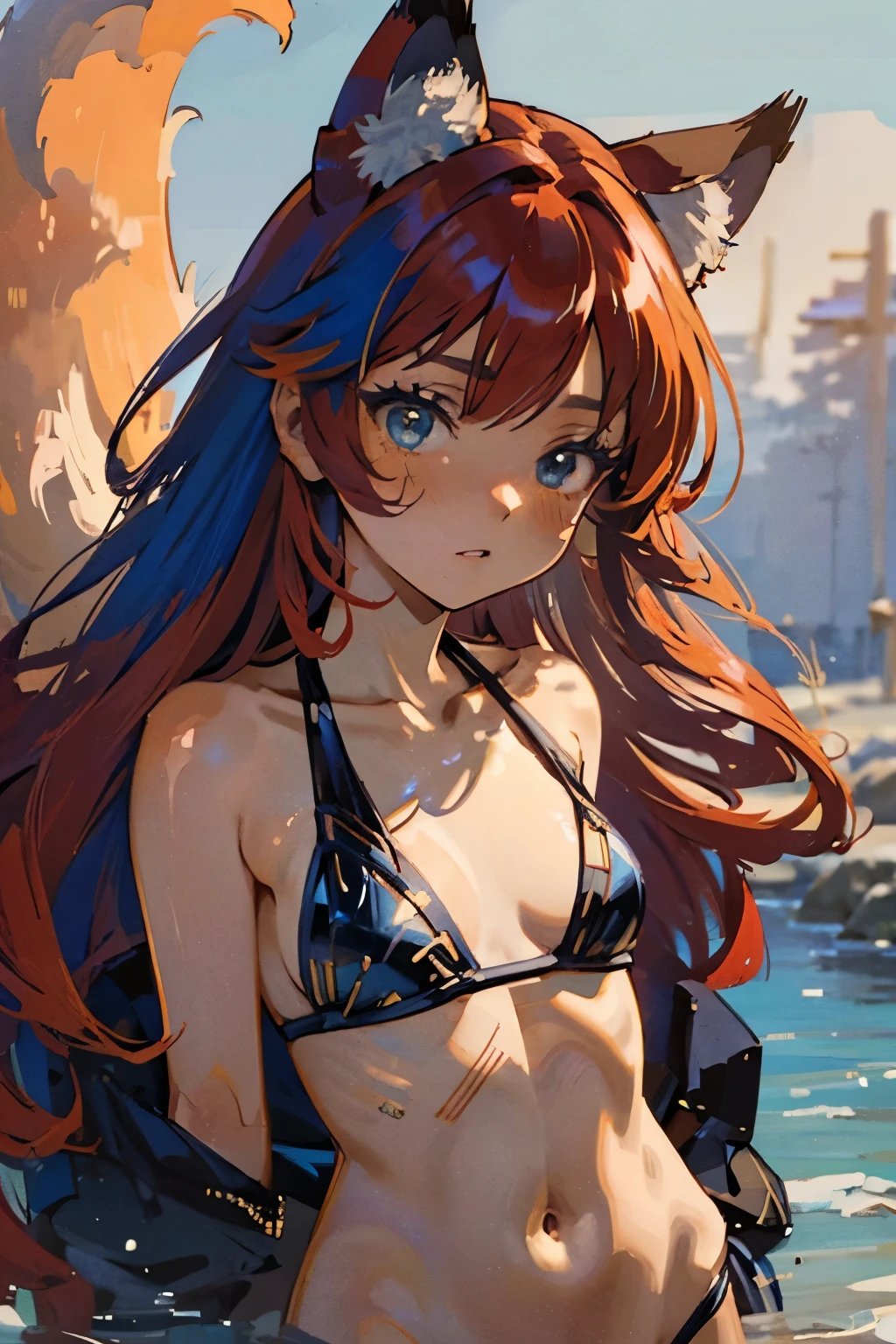 a beautiful kitsune woman, kitsune ears, kitsune tail, blue eyes, wearing a sexy bikini swimsuit, tanned skin, anime style, full color, red hair, detailed face, flawless skin, intricate and detailed clothing, 8k, ultra-detailed, masterpiece, vibrant colors, natural lighting, anime composition