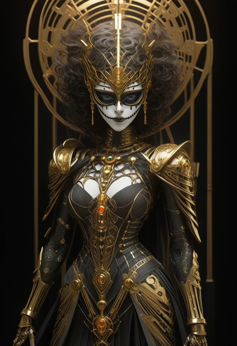 tarot card, chiaroscuro technique on sensual illustration of an queen of sword, a age fashion model wearing an exo-skeleton mask, vibrant colors, futuristic cyberpunk style, intricate details, cinematic lighting, dramatic pose, an elegant complex bio mechanical onyx and gold, intricate details