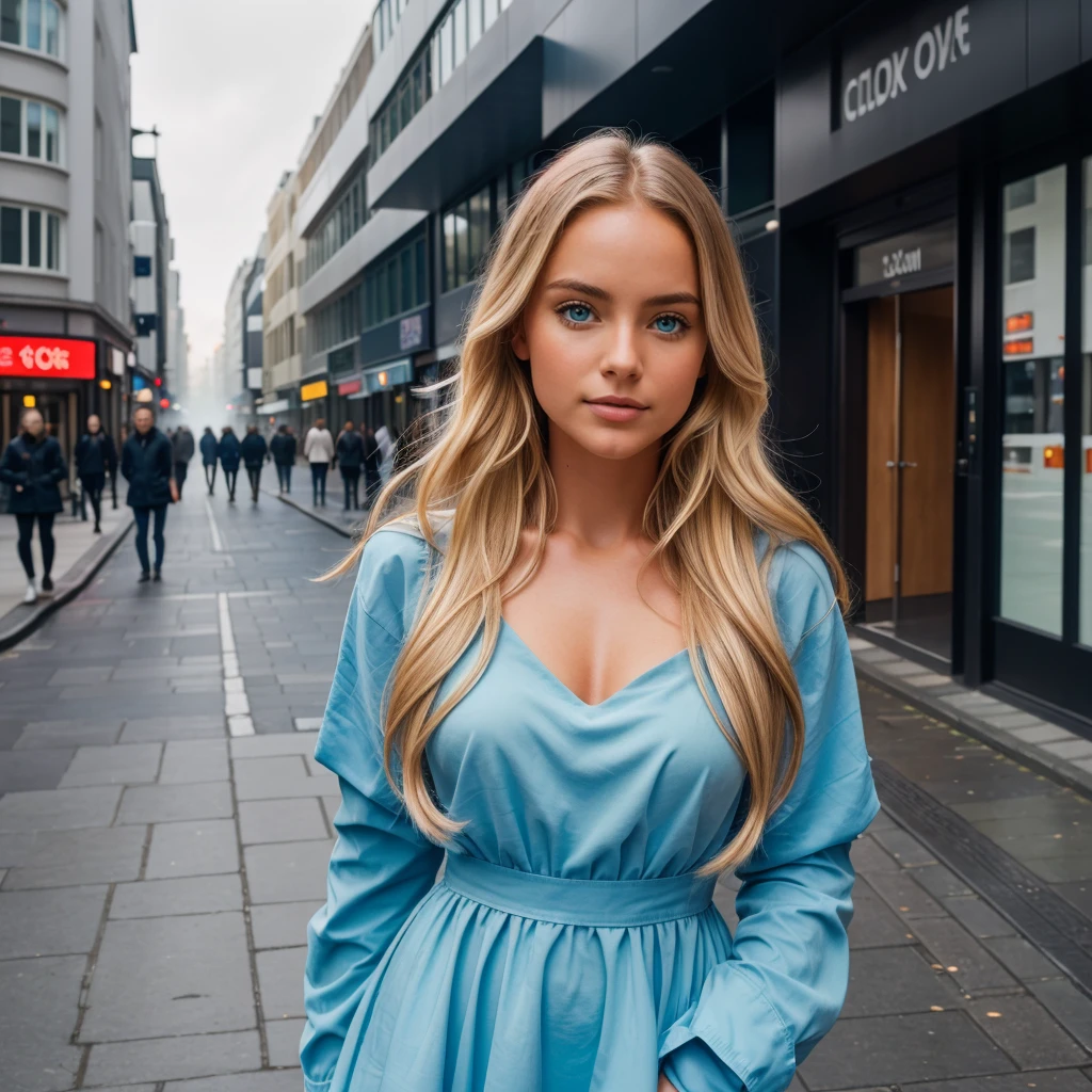 professional portrait photograph of a gorgeous 18 year,Norwegian girl Lise Olsen in london with long wavy blonde hair,blue eye,happy,sultry flirty look, gorgeous symmetrical face, cute natural makeup, wearing beautiful red gown, ((standing outside in city street)), stunning modern urban environment, ultra realistic, concept art, elegant, highly detailed, intricate, sharp focus, depth of field, f/1. 8, 85mm, medium shot, mid shot, (((professionally color graded))), bright soft diffused light, (volumetric fog), trending on instagram, hdr 4k, 8k