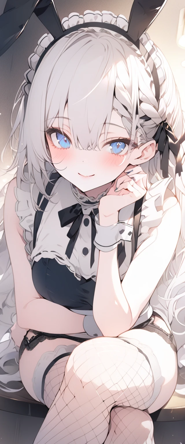 beautiful, masterpiece, Highest quality, anime, One girl, C Cup,Portrait Shot, View your viewers, Covered、Long Hair、nearby、Blue Eyes、art、White hair,black streaked hair, dark atmosphere、Thighs、Braid、Bunny Maid、Fishnet tights、Cafe、smile、garter belt、Crossing legs