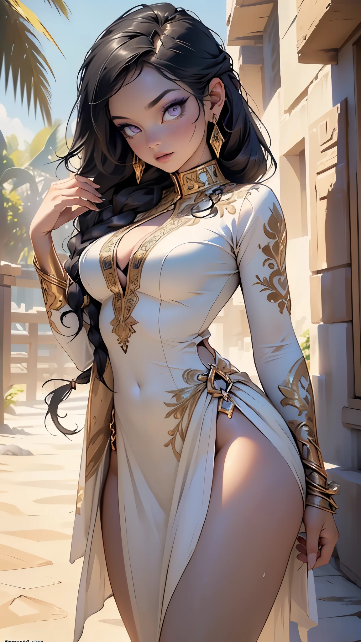 girl from ancient Egypt,1girl,
(large breasts:1.4),((((long twin braids,tight braids,long braid,braided hair,long hime cut,dark hair,black hair,colored inner hair)))),(((purple_eyes:1.3))),intricate eyes,beautiful detailed eyes,symmetrical eyes,((((lustrous skin:1.5,tanned skin,bright skin: 1.5,skin tanned,shiny skin,very shiny skin,shiny body,Reflective skin)))),(spider lower abdomen,narrow waist,wide hip,athletic body,inflated legs,thick thighs,(detailed face)),beautiful detailed lips,
cute,slutty,sensual,seductive look,seductive,((erotic)),opulent,sumptuous,((nsfw)),
zettai ryouiki,revealing clothing,show skin,cleavage,((underboob)),(((barefoot))),((egyptian outfit)),((intricate egyptian outfit)),egyptian accessories,(egyptian jewelry in her arms),usekh collar,earrings,(((hair tubes))),(((eyeshadow,egyptian makeup,eyelid makeup))),(((pelvis curtain))),(loincloth),(((Transparent cloth:1.1,wet clothes,intricate outfit,embroidered outfit,ornate outfit,intricate cloth,embroidered cloth,ornate cloth))),
(flirtatious pose:1.3), looking at viewer,embarrassed,centered,scale to fit dimensions,Rule of thirds,
outdoors,(egyptian palace,egyptian palace background,pyramids in the background),scenery:1.25,intricate scenery,extremely scenery,(oasis,oasis background),(puddles everywhere,moss,moss on the background),clouds,Egypt style,Egypt castle,lily pads,palms,reeds,(sunset, golden hour),
(Glossy Egyptian ornaments),highres,sharp focus,(ultra detailed,extremely detailed),(photorealistic artwork:1.37),(extremely detailed CG unity 8k wallpaper),(((vibrant colors,vibrant theme))),(intricate),(masterpiece),(best quality),artistic photography,(photography taken by sldr),(intricate background),perfect rendered face,perfect face details,realistic face,photo realistic,((intricate detail)),(((realism))),
