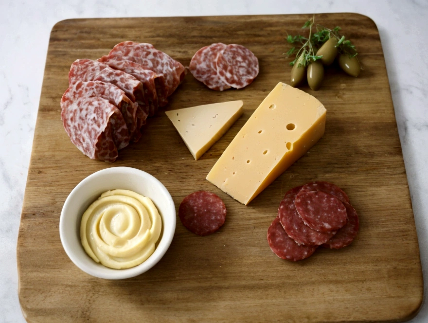 a wooden board with a few items arranged in an organized manner for a culinary presentation. Items on the board include:
A piece of salami, with some slices cut and arranged on the board.
Some green olives, arranged next to the salami.
Cheese cubes, placed in a corner of the board.
A larger piece of cheese, which appears to be Swiss cheese (possibly Emmental), with characteristic holes.
In the background, there is a crusty bread.
The arrangement of the food on the board suggests a presentation of appetizers or a cold cuts board, ideal for serving as a starter or snack.