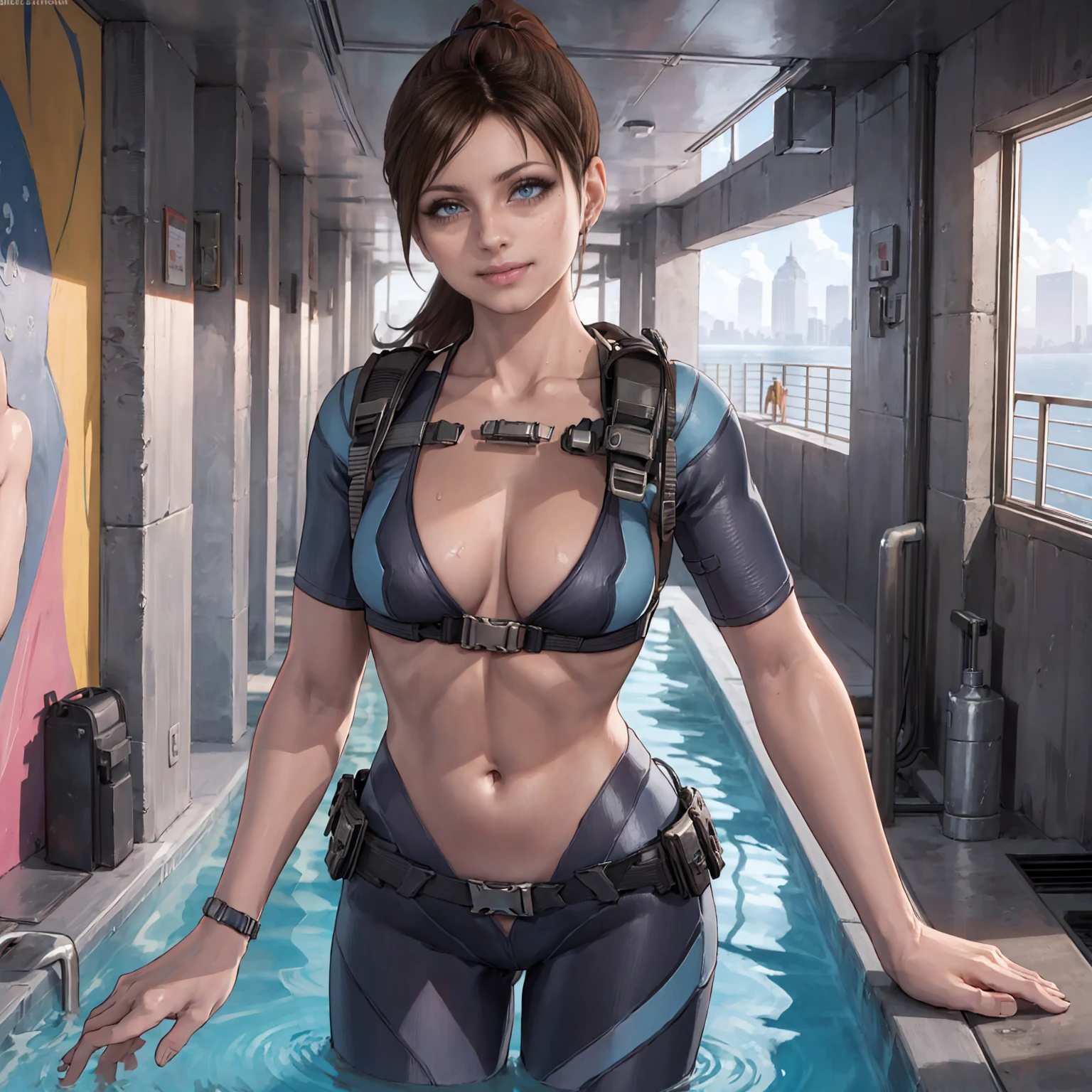 jill valentine, ((long brown hair, ponytail, glowing blue eyes, makeup, narrow waist, skinny, medium breasts)), pelvic curtain, ((black bikini)), full body, perfect body, (insanely detailed, beautiful detailed face, masterpiece, best quality) , (((solo))), (((1girl))), (((mature))), (extremely detailed 8k paper CG wall unit: 1.1), (Cruise Ship, swimming pool, dusk), (smile face for the viewer),