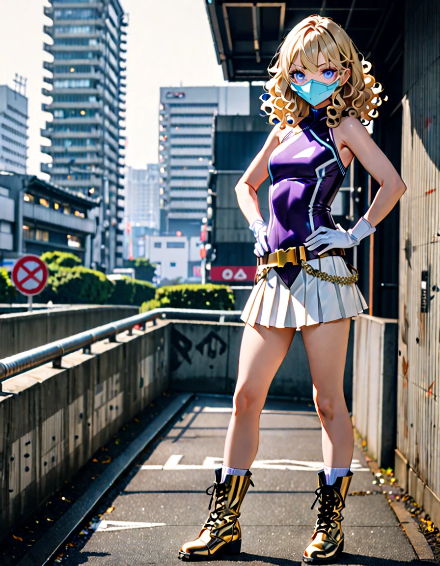 One girl, Medium chest, (((leotard, 白色と青色のleotard, No sleeve, White mini skirt))), ((Tight belt, Gold Belt)), ((boots, matching boots, ankle boots, white boots)), ((gloves, white gloves)), Urban Background, tokyo Urban Background, alone, single, Hands on hips, Are standing, (((Upper Body Shot))), Cowboy Shot, Superhero, ((Beautiful attention to detail)), (Gold star symbol on chest), (((Purple eye mask))),(((blue eyes))),(((Blonde Hair, Medium length curly hair, blue eyes))), (Perfect Anatomy), masterpiece, (((Highest quality))),