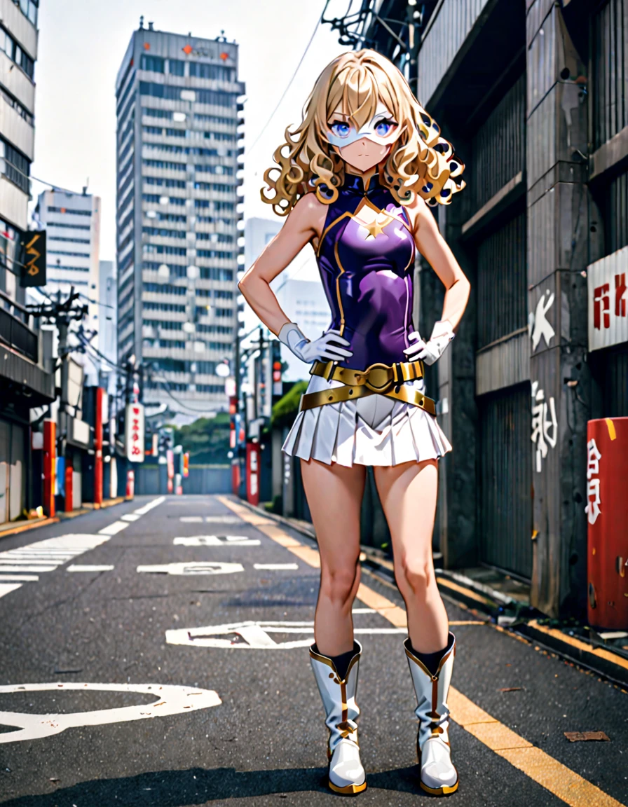 One girl, Medium chest, (((leotard, 白色と青色のleotard, No sleeve, White mini skirt))), ((Tight belt, Gold Belt)), ((boots, matching boots, ankle boots, white boots)), ((gloves, white gloves)), Urban Background, tokyo Urban Background, alone, single, Hands on hips, Are standing, (((Upper Body Shot))), Cowboy Shot, Superhero, ((Beautiful attention to detail)), (Gold star symbol on chest), (((Purple eye mask))),(((blue eyes))),(((Blonde Hair, Medium length curly hair, blue eyes))), (Perfect Anatomy), masterpiece, (((Highest quality))),