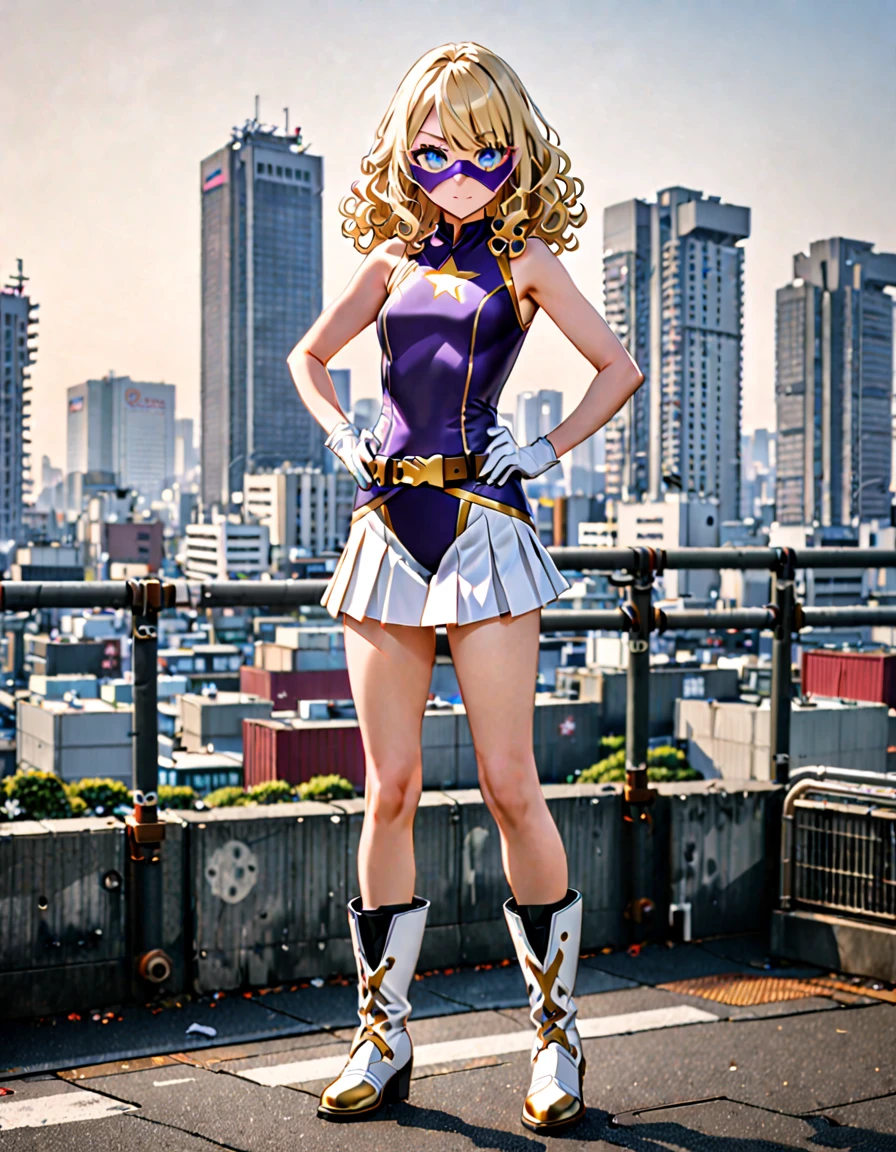 One girl, Medium chest, (((leotard, 白色と青色のleotard, No sleeve, White mini skirt))), ((Tight belt, Gold Belt)), ((boots, matching boots, ankle boots, white boots)), ((gloves, white gloves)), Urban Background, tokyo Urban Background, alone, single, Hands on hips, Are standing, (((Upper Body Shot))), Cowboy Shot, Superhero, ((Beautiful attention to detail)), (Gold star symbol on chest), (((Purple eye mask))),(((blue eyes))),(((Blonde Hair, Medium length curly hair, blue eyes))), (Perfect Anatomy), masterpiece, (((Highest quality))),