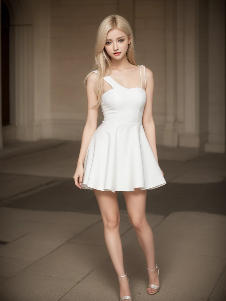 A woman of beauty in a fantastic space, Tight micro dress white and gold color, 98k, {{Masterpiece}}, Best Quality, High Quality:1.4), {{[[FRONT LOOK}}, eye_contact, Various poses)]], very pretty look face, and very pretty eyes, cute images, lovely images, {{whole full body}}, {{{{{{{{Long legs}}}}}}}}, {{{{slim sexy body}}}}, {{{{{{Tall woman}}}}}}, {{177 cm tall}}, solo, beautiful, lovely, adorable, pale skin, {{18to 22 years old German girl}}, look beautiful German girl and blue eyes or green eyes with platinum blonde hair color), Nordic German young girl, {{{{{{{{{{full body}}}}}}}}}}, {{{{{{{{{{high_heels}}}}}}}}}},