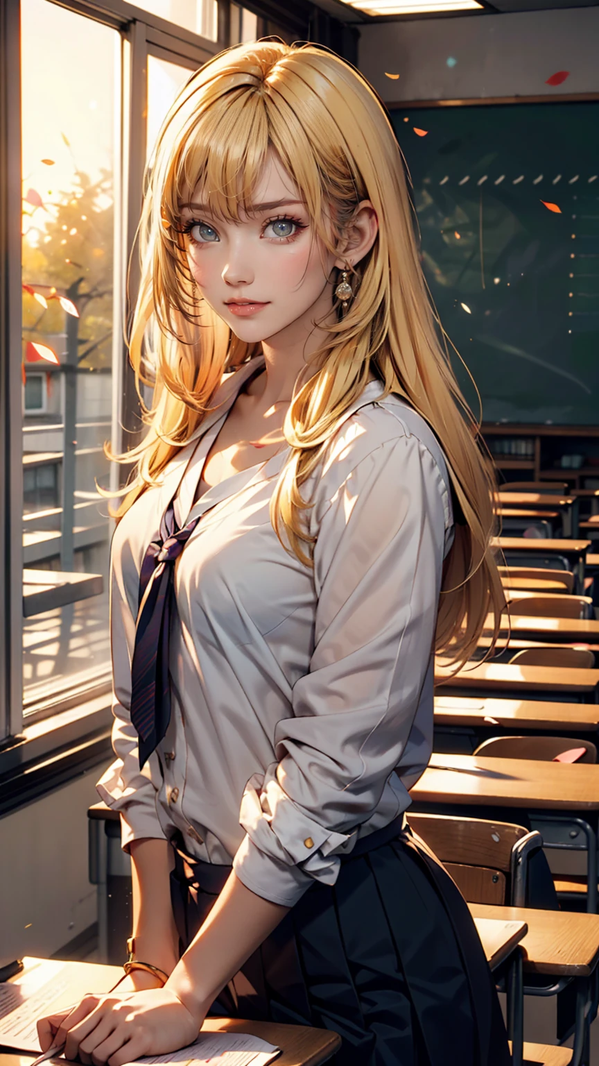 masterpiece, Highest quality, One girl, alone, Teen, Quarter Japanese, Blonde, Long Hair, Purple eyes, Side-parted bangs, Short bangs, smile, Medium chest, Classroom after school、Sunset shining through the window、Only one person、I'm sitting by the window、Looking out the window、Vision、Sailor suit、