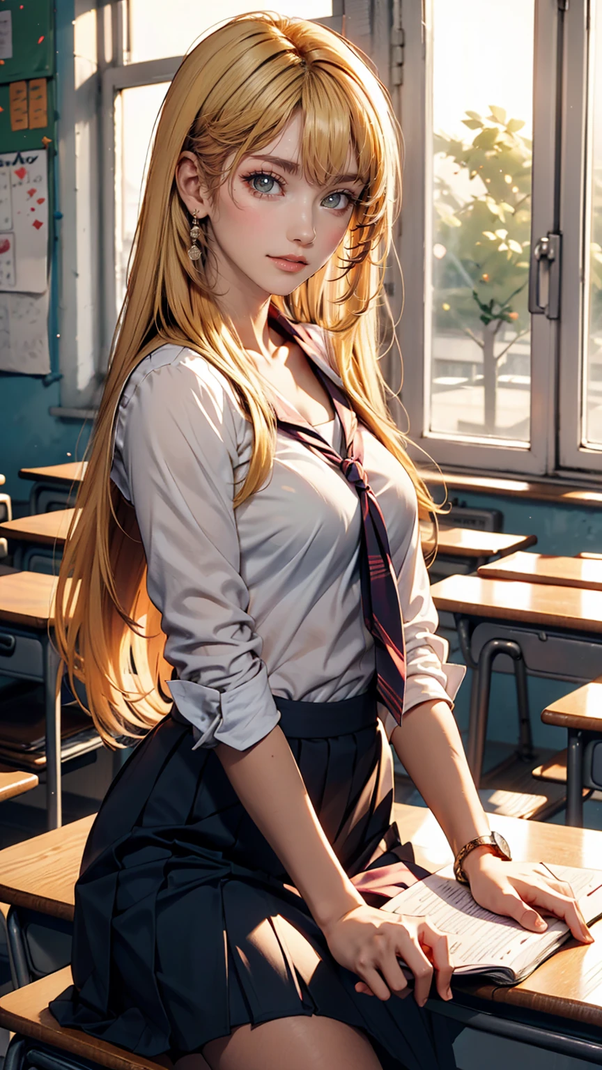 masterpiece, Highest quality, One girl, alone, Teen, Quarter Japanese, Blonde, Long Hair, Purple eyes, Side-parted bangs, Short bangs, smile, Medium chest, Classroom after school、Sunset shining through the window、Only one person、I'm sitting by the window、Looking out the window、Vision、Sailor suit、
