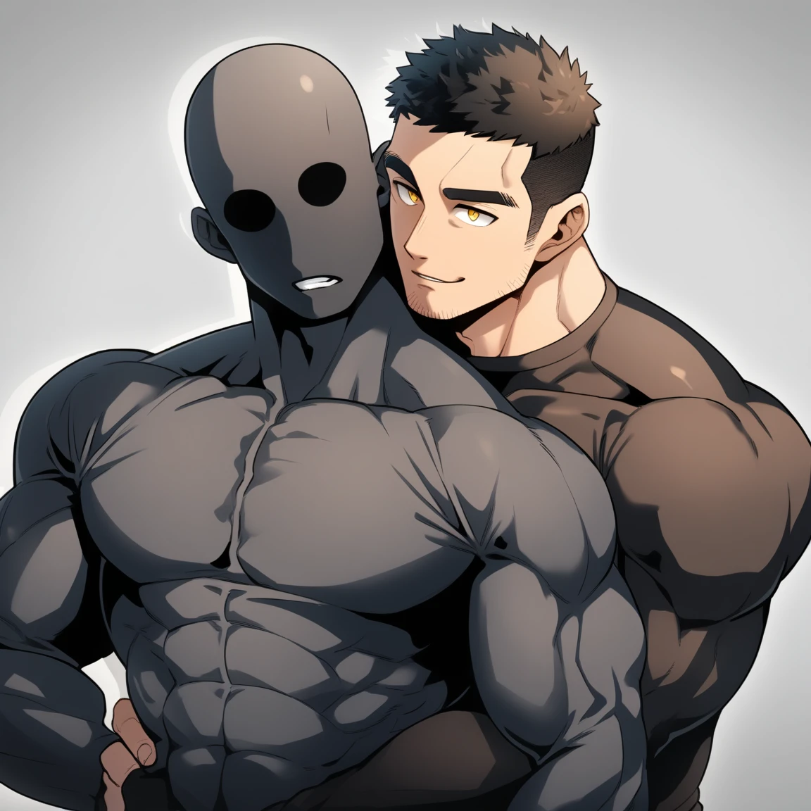 anime characters:Two superheroes in tights, Muscle Sports Student and Muscle No Face No Eyes skinhead superhero, No Face,negro black skin, They hugged and kissed each other, Bite your neck, Caress, Manliness, male focus, Yellow and black high collar long sleeve tight T-shirt, Slightly transparent material, Very tight, Round, full and perky chest muscles, Muscle waist, Slightly transparent, muscular male, muscular, only, Upper body, alone, Black short hair, Thick eyebrows, stubble, Yellow eyes, Grey background, simple background, amazing quality, best aesthetics, Ridiculous, bright pupils, crew cut, parted lips, seductive smile, torogao, naughty face, drop shadow, best quality