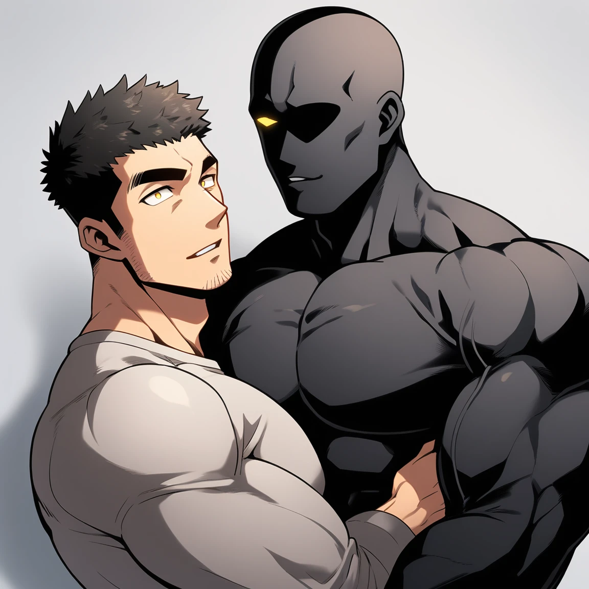 anime characters:Two superheroes in tights, Muscle Sports Student and Muscle No Face No Eyes skinhead superhero, No Face,negro black skin, They hugged and kissed each other, Bite your neck, Caress, Manliness, male focus, Yellow and black high collar long sleeve tight T-shirt, Slightly transparent material, Very tight, Round, full and perky chest muscles, Muscle waist, Slightly transparent, muscular male, muscular, only, Upper body, alone, Black short hair, Thick eyebrows, stubble, Yellow eyes, Grey background, simple background, amazing quality, best aesthetics, Ridiculous, bright pupils, crew cut, parted lips, seductive smile, torogao, naughty face, drop shadow, best quality