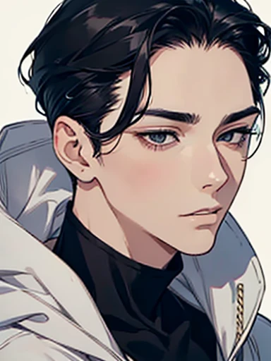 A man, simple, eye contact, face close-up, asian eyes, pale skin, black hair, dark black eyes, half closed eyes, small eyes, elegant, hair slicked back, hoodie