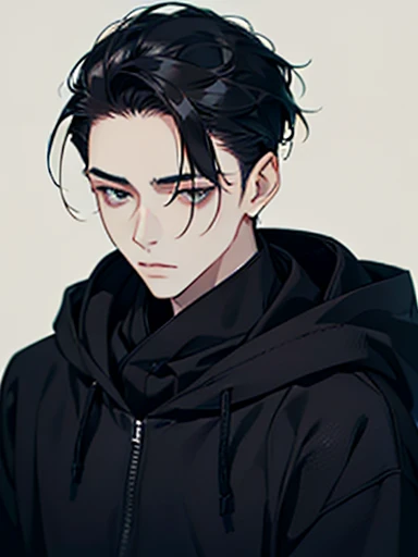 A man, simple, eye contact, face close-up, asian eyes, pale skin, black hair, dark black eyes, half closed eyes, small eyes, elegant, hair slicked back, hoodie