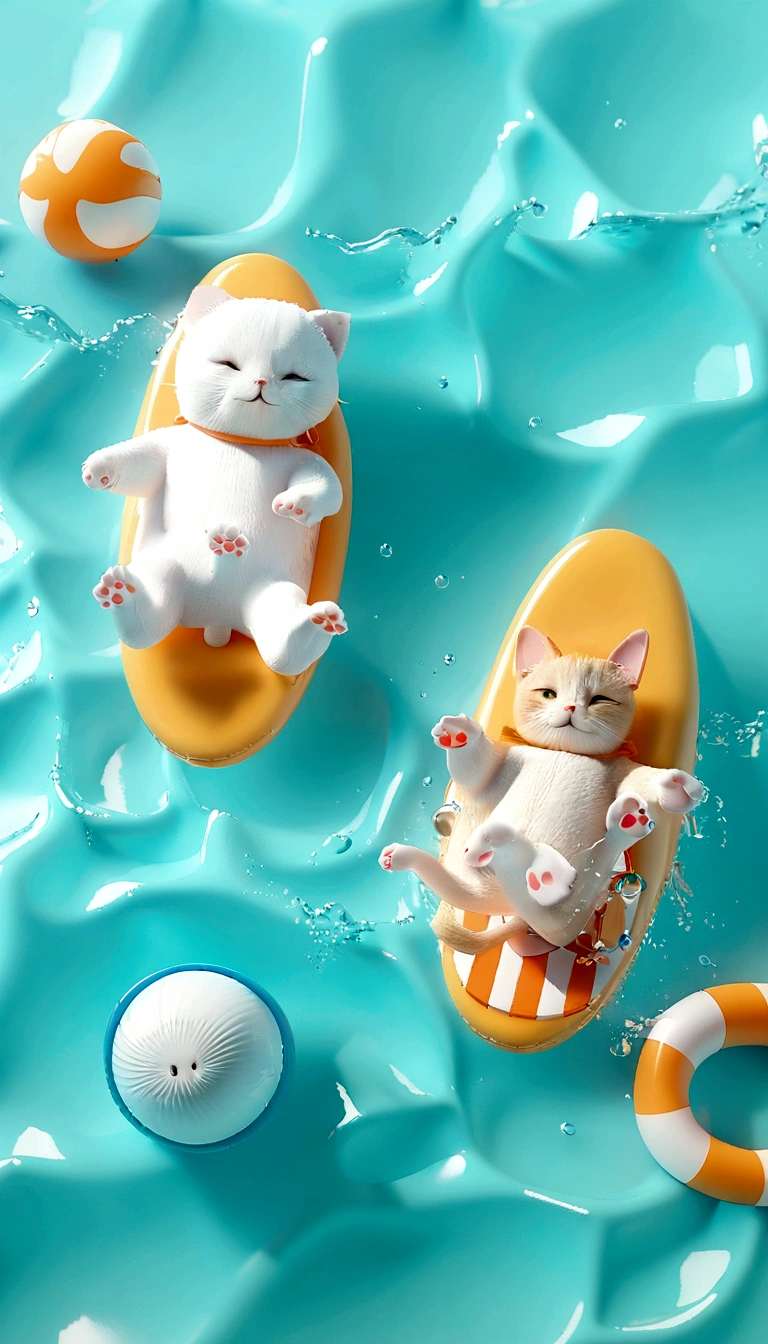 There are two cats floating on a raft in the water, Lovely 3 d render, Lovely detailed digital art, Behance 3D Art Trends, Behance 3D Art Trends, a cat swimming in water, Summer swimming , Lovely数字, 3D Epic Illustrations, Lovely! C4D, 3d illustration, 3d illustration