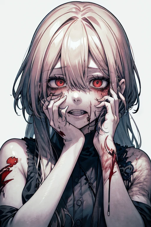 (masterpiece:1.2, Highest quality), (Actual Photos, Intricate details), (1 female, 一人in, Upper Body, Small breasts) ,Scary atmosphere、Distorted facial expressions、Horror Art、Bloodの雨、Bloodを流す、Bloodしぶき、悪魔のeye、redいeye、scar、、火scar、whole body、破かれた奴隷Clothes、ボサボサのhairの毛、長いhair、eyeにかかる長さの前hair、、黒hair、(((eyeの下のクマ)))、青whiteいskin、Feeling unwell、Pathological、邪悪な笑face、狂ったeye、(Grin)Dramatic makeup,Create mixed media art、white色のbackground(zombie:1.2),Horror 1 Girl, 一人in, lupong_hair, Looking_in_Audience, Open_mouth, , red_eye, lupong_sleeve, white_background, 奴隷Clothes, white_hair, teeth, white_奴隷Clothes Torn_Clothes, Blood, Tilt_forward, colored_skin, bandage, Injury, Blood_upon_face, bandageを巻いた_arm, Blood_upon_Clothes, stitch, zombie, Torn_dress, Blood_upon_hand