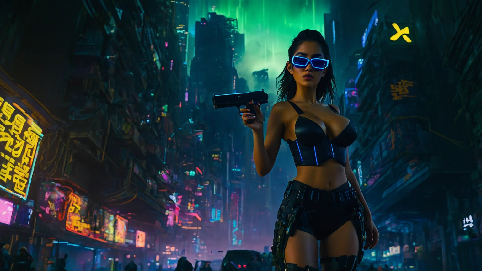 dark futuristic landscape, at night, neon lights, Atmospheric fog, large buildings in the background, futuristic city, busy streets with open shops, Ruined buildings, skyscraper (postapocalyptic city:1.3). at night, (((Matrix style cascading code))), (1woman, solo, perfect body), photo realistic, (large-breast:1.1 slim body, cleavage), (((tube top, extreamly short pleated (((((miniskirt))))) exposing panty))), (((((((matrix style black sunglasses))))))), (((((((sprinting with a (pistol), looking at camera))))))), (((half-body (thigh level) medium shot))), cinematic lighting.