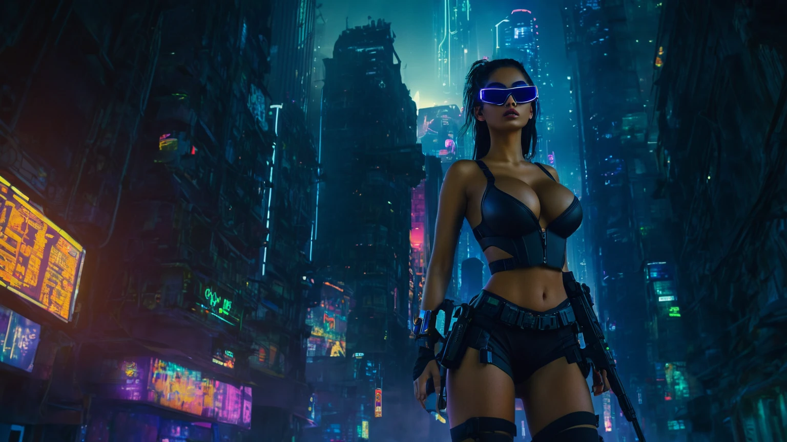 dark futuristic landscape, at night, neon lights, Atmospheric fog, large buildings in the background, futuristic city, busy streets with open shops, Ruined buildings, skyscraper (postapocalyptic city:1.3). at night, (((Matrix style cascading code))), (1woman, solo, perfect body), photo realistic, (large-breast:1.1 slim body, cleavage), (((tube top, extreamly short pleated (((((miniskirt))))) exposing panty))), (((((((matrix style black sunglasses))))))), (((((((sprinting with a (pistol), looking at camera))))))), (((half-body (thigh level) medium shot))), cinematic lighting.