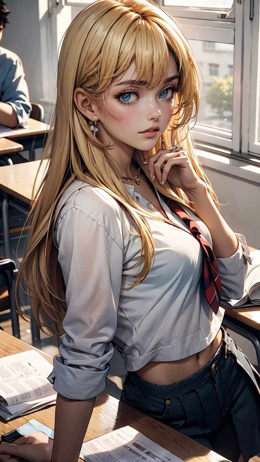 masterpiece, Highest quality, One girl, alone, , high schorter Japanese, Blonde, Long Hair, Purple eyes, Side-parted bangs, Short bangs, smile, Medium chest, Classroom after school、Sunset shining through the window、Only one person、I&#39;m sitting by the window、Looking out the window、Vision、Sailor suit、