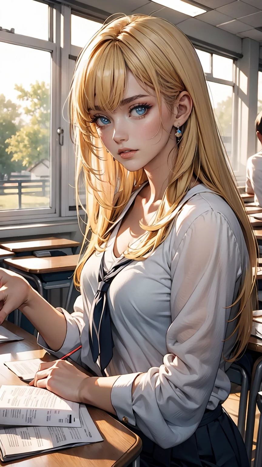 masterpiece, Highest quality, One girl, alone, Teen, high school student、Quarter Japanese, Blonde, Long Hair, Purple eyes, Side-parted bangs, Short bangs, smile, Medium chest, Classroom after school、Sunset shining through the window、Only one person、I'm sitting by the window、Looking out the window、Vision、Sailor suit、