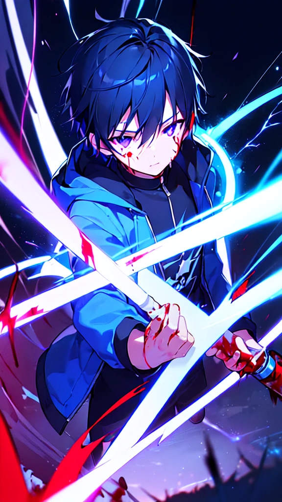 [(BLACK BACKGROUND:1.5),::5], ((((masterpiece)))), high quality, ultra very high resolution, full color, (((solo))), (()), black hair, ((blue colored inner hair)), ((purple eyes)), anime, ((upper body)), neon light, black parka, (lightning effect:1.2), (Blood effect:1.5)